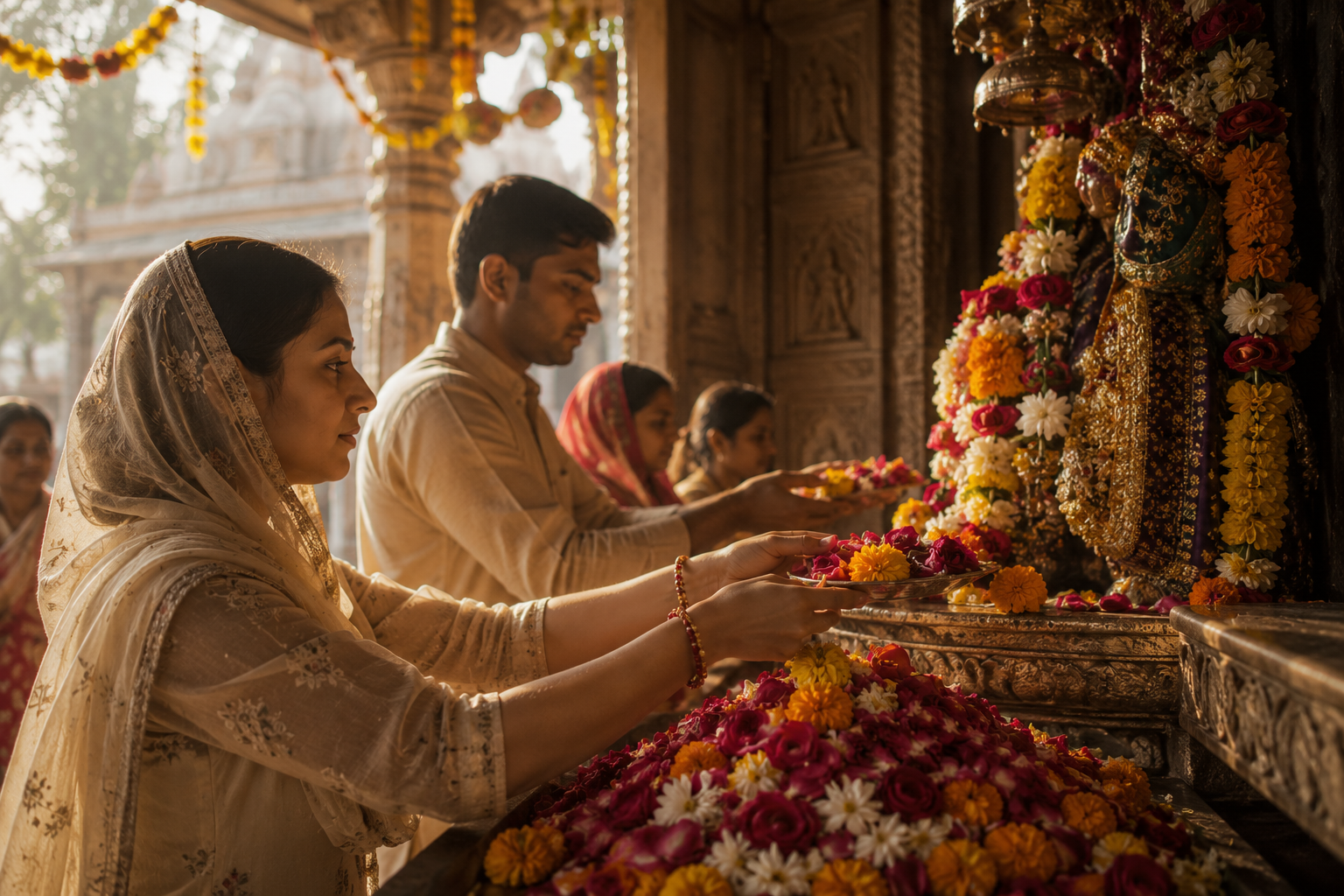 Devotees offering fresh flowers at an Indian temple