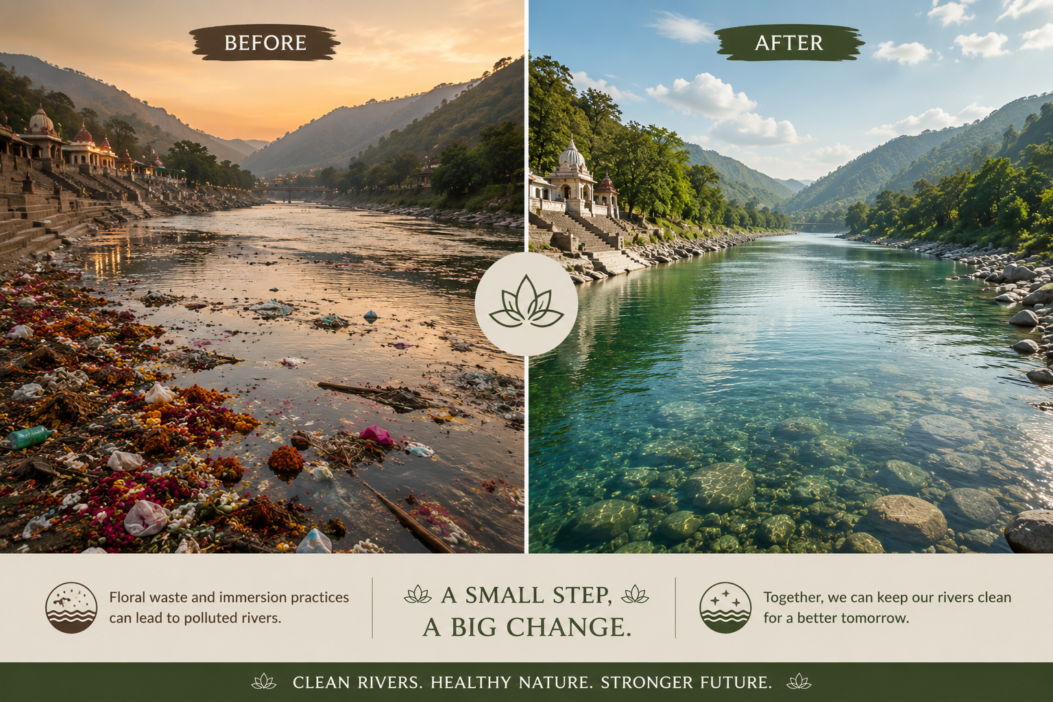 Before and after comparison showing polluted and clean river environments
