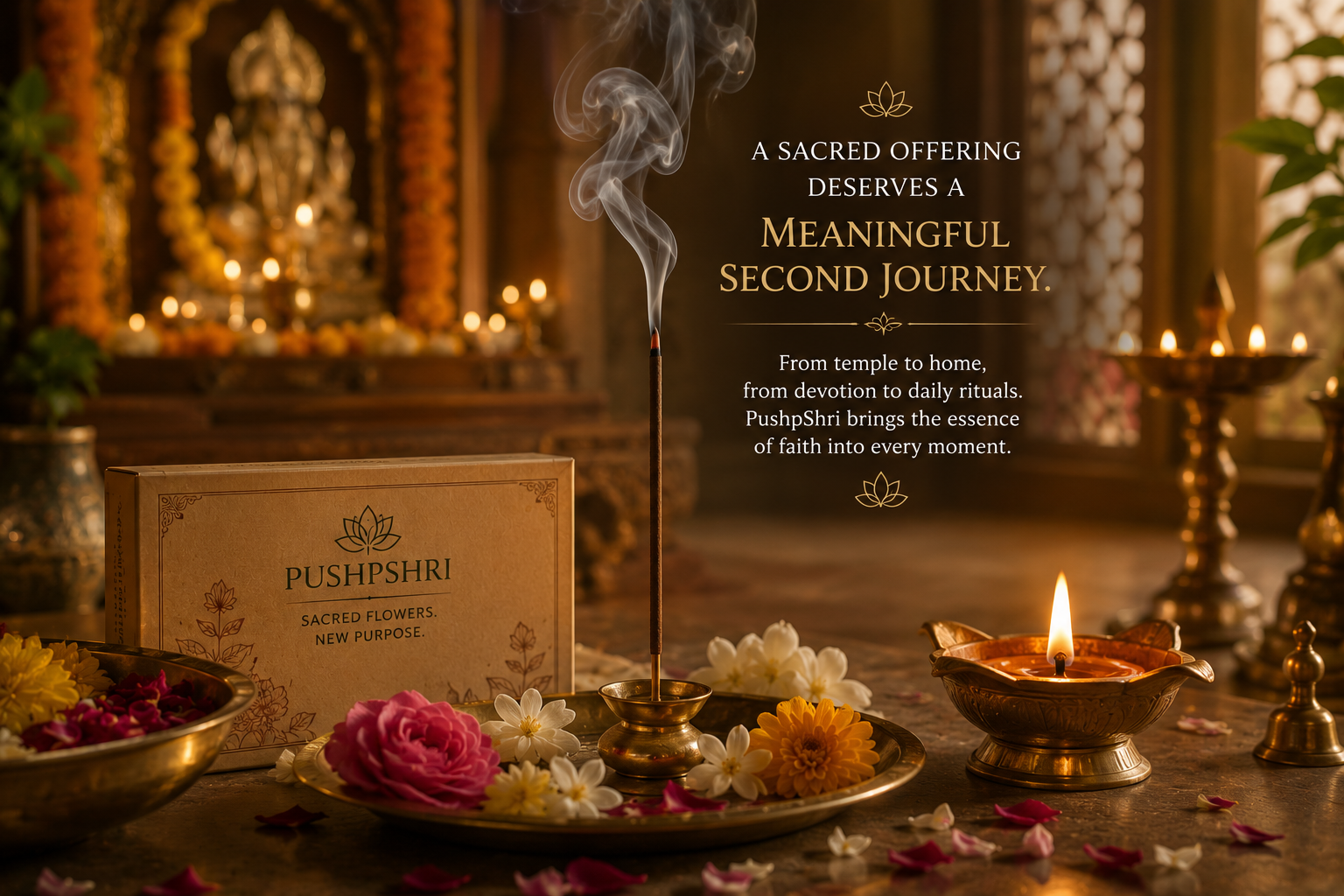PushpShri sacred fragrance in an elegant devotional setting
