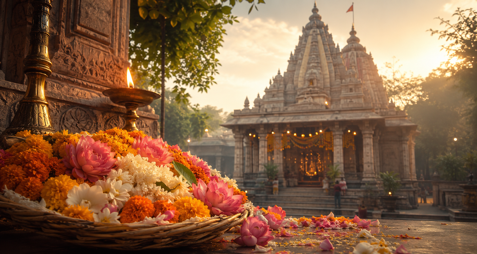 Indian temple surrounded by sacred flower offerings