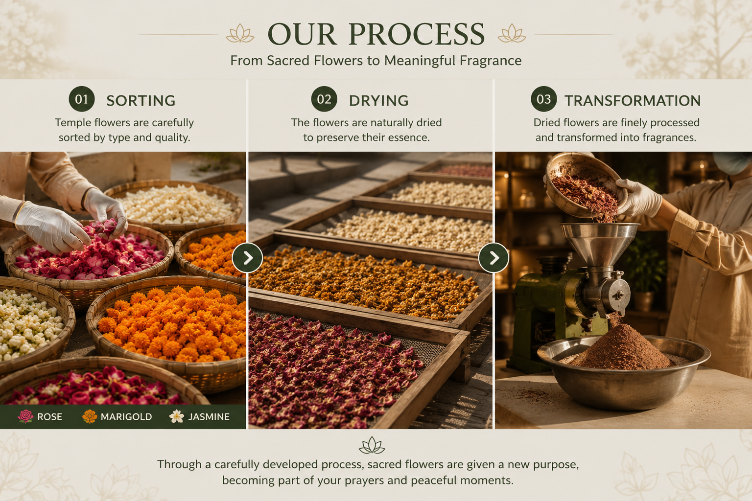 PushpShri process showing sorting, drying and transformation of temple flowers
