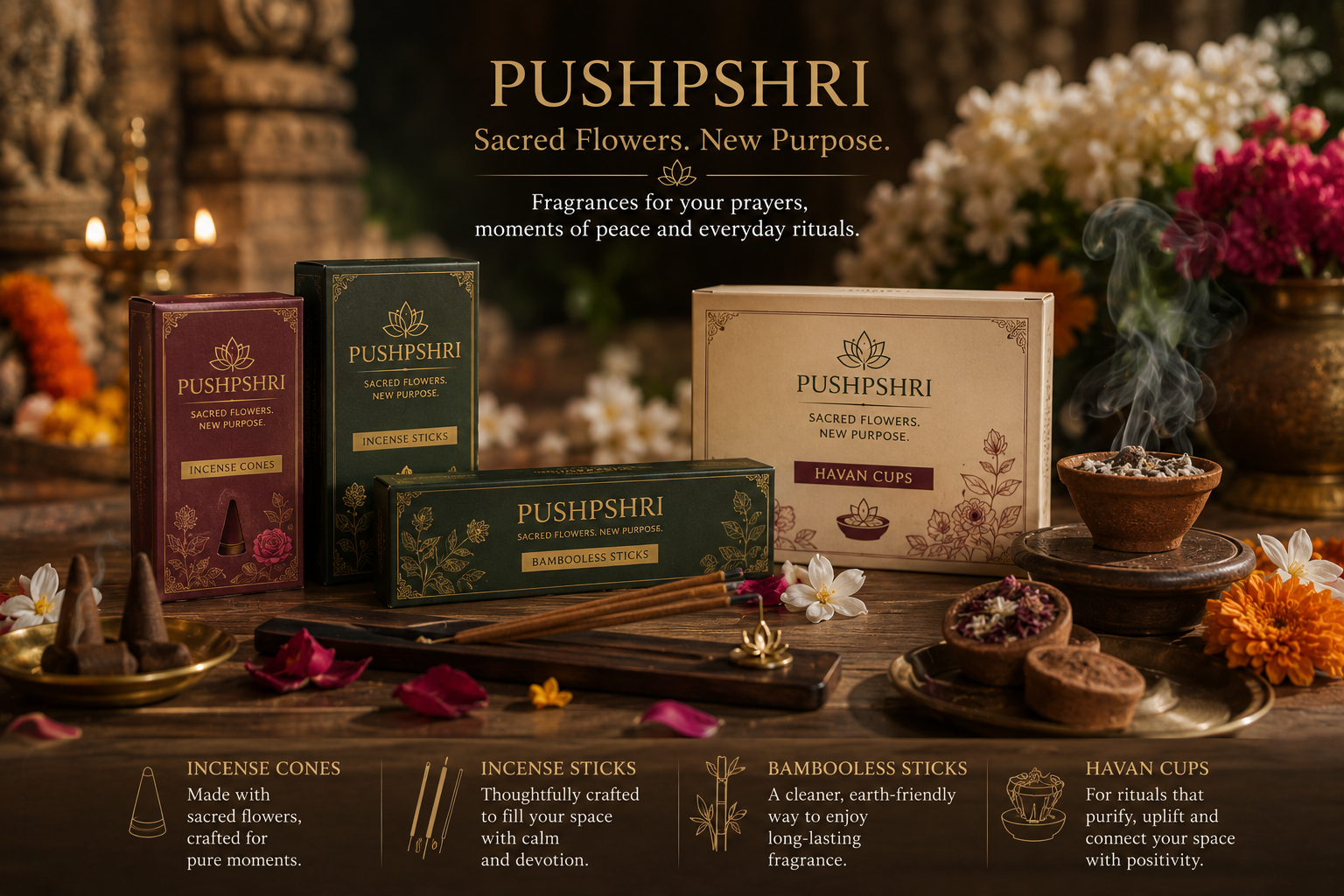 Premium PushpShri incense products surrounded by flowers and diya