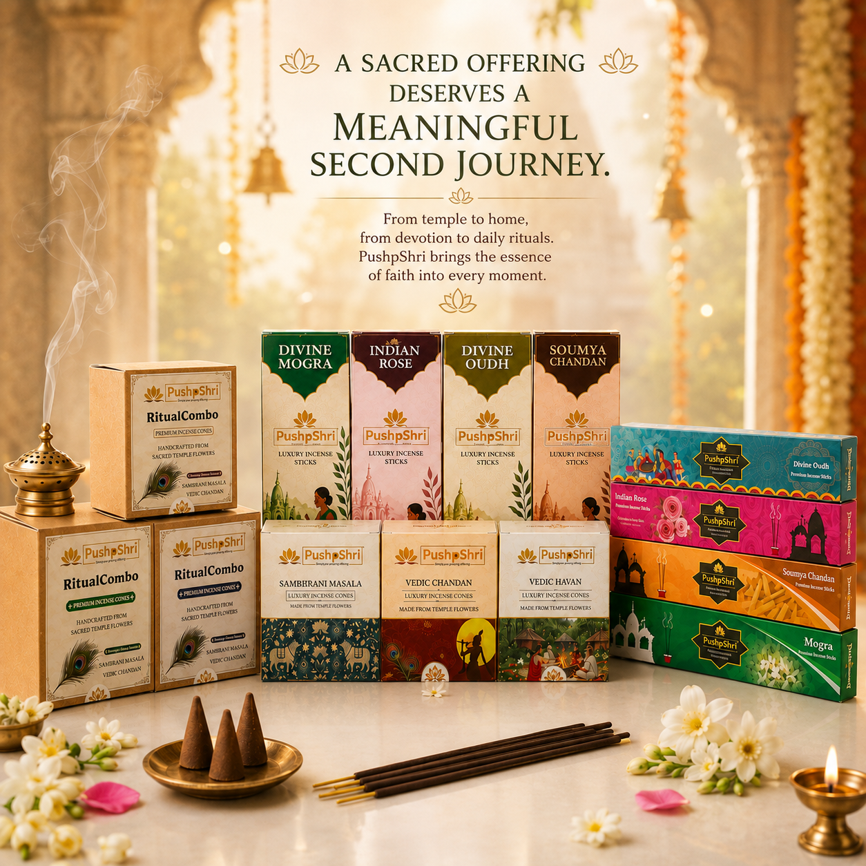 Premium PushpShri incense products surrounded by flowers and diya