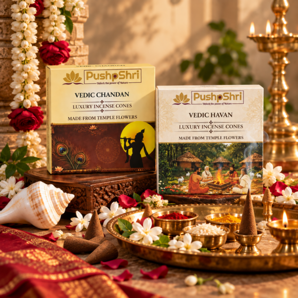 PushpShri Chandan & Havan Dhoop Cones Combo | 80 Cones (40+40) | Charcoal Free Sandalwood Incense Cones for Puja, Home & Meditation | Natural Fragrance